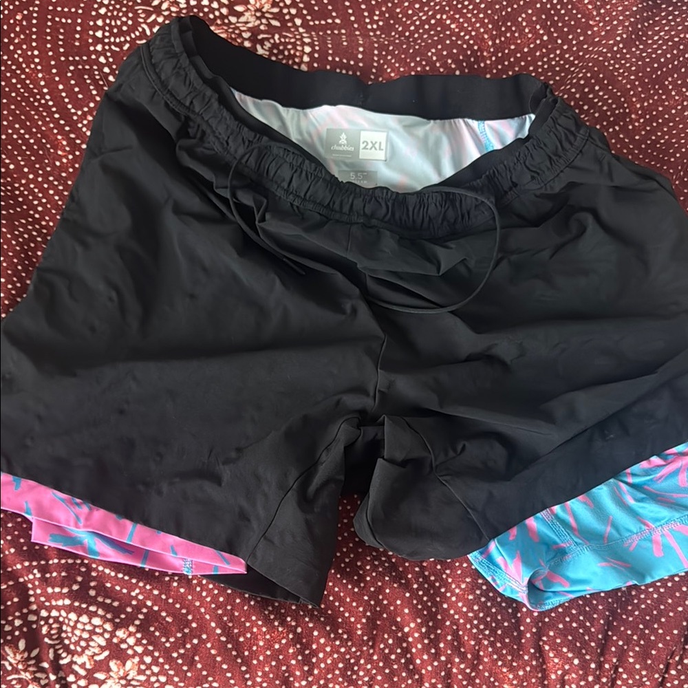 Chubbies Black Athletic Shorts with Pink and Blue under shorts